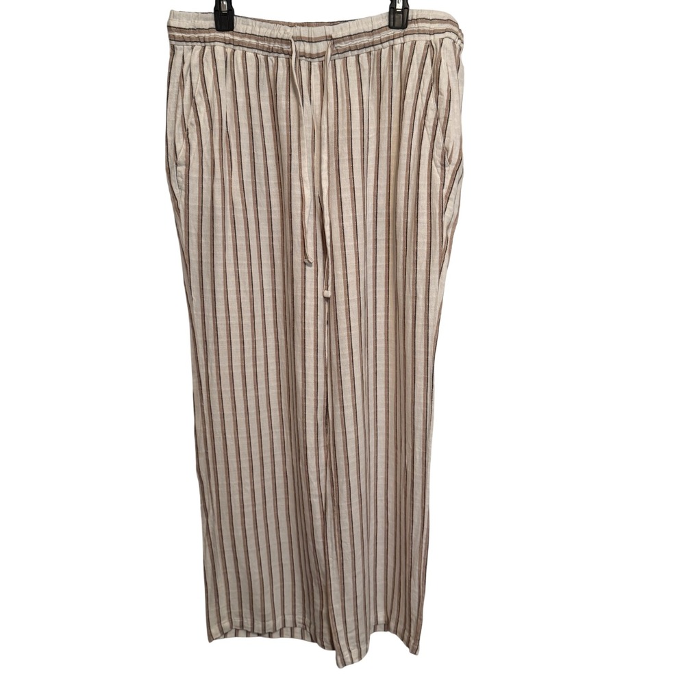 Old Navy Wide Leg Linen Blend Pants Womens Large Beige Striped Drawstring Casual